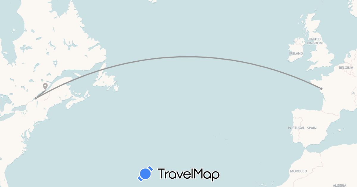 TravelMap itinerary: plane in Canada, France (Europe, North America)